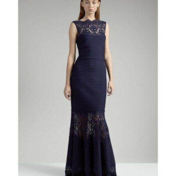 Tadashi Shoji Size L Pintuck Jersey Boatneck Gown Sheer Lace Maxi Dress - Picture 1 of 12